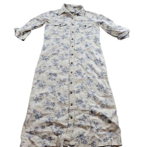 Eddie Bauer Shirt Dress Womens Small Tan Linen Floral Tunic Roll Tab 3/4 Sleeve - Picture 1 of 6